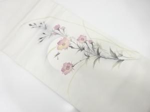 絽　手描き　花に蜻蛉模様　名古屋帯